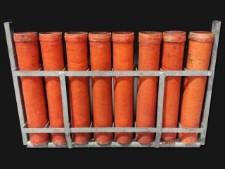 Mortar rack with 3 inch mortar tubes for rent. 8 tubes per rack. Available for rent at Xena Vuurwerk, professional fireworks supplier