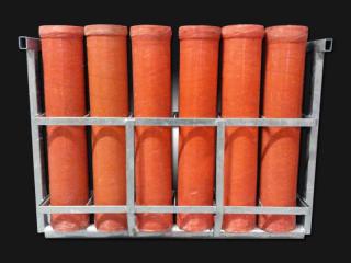Mortar rack with 4 inch mortar tubes for rent. 6 tubes per rack. Available for rent at Xena Vuurwerk, professional fireworks supplier