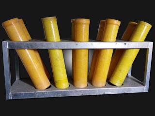Fanshaped mortar rack with 4 inch mortar tubes for rent. 10 tubes per rack. Available for rent at Xena Vuurwerk, professional fireworks supplier